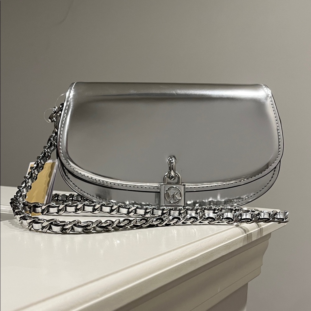 Michael Kors MILA Metallic Mirror Silver Crossbody Bag